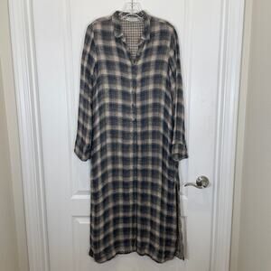 Cut Loose Plaid Linen Shirt Dress Gray Beige Midi Long Sleeve Lagenlook M